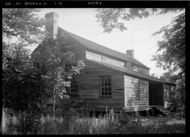 Photo credit: Library of Congress, Historic American Buildings Survey, Ward Dennis, Photographer - June, 21st, 1936 VIEW OF GABLE END AND FRONT - Marshallville, Macon County, GA