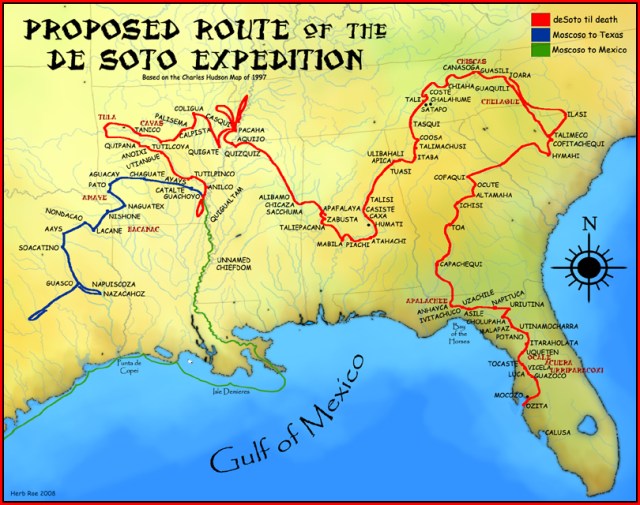 A map showing a proposed de Soto Expedition route, based on the 1997 Charles M. Hudson book "Knights of Spain, Warriors of the Sun". (Permission details CC-BY-SA-3.0; Released under the GNU Free Documentation) License.